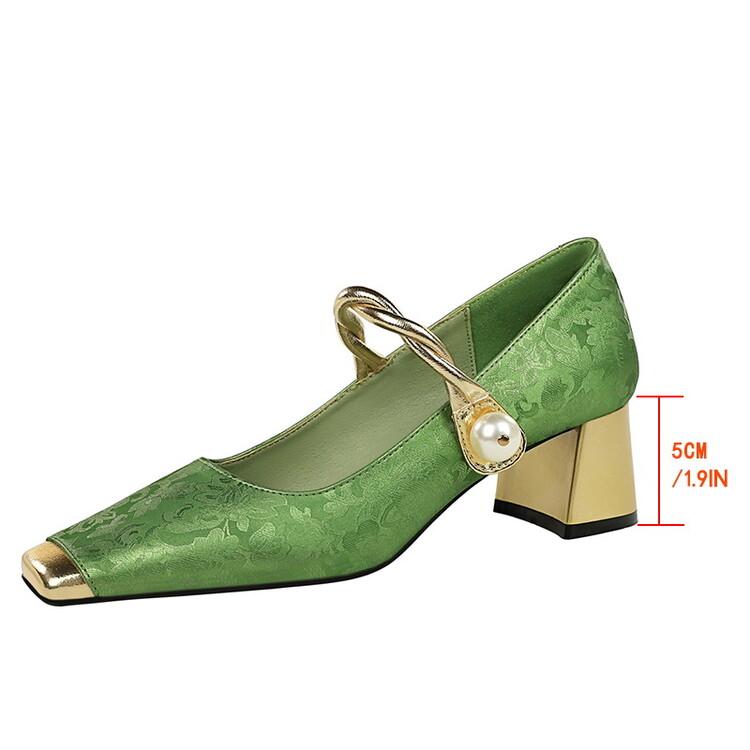 Fashion Retro Style Metal Mid Heel Splicingd Color Matching Single Shoe Temperament Mary Jane Pearl Chain Banquet Commuter Women Shoes