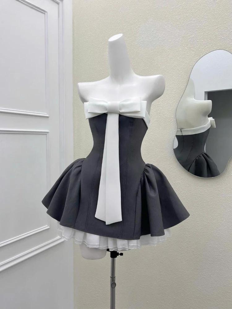 Sommer Neu Vintage Elegant Damenkleid Trägerlos Schleife Patchwork Hohe Taille Puffiges Mini-Kleid Weiblich Französisch Chic Sexy Outfits 2025