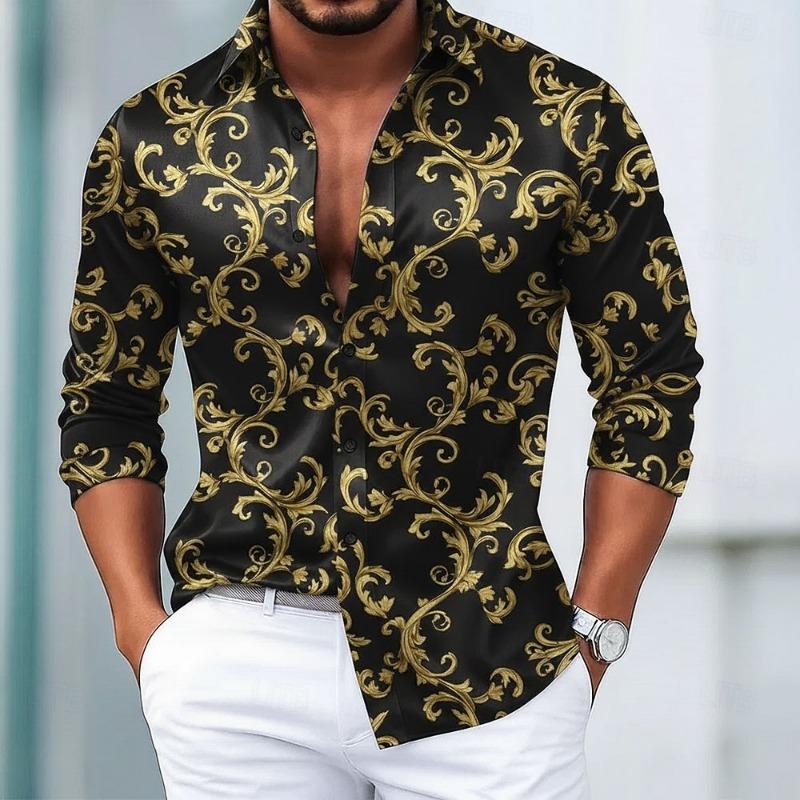 Men's Long Sleeve 3D Shirt, Vintage Floral Graphic European Art Print, Modern Streetwear Style, 2025 Autumn Winter Casual Tops