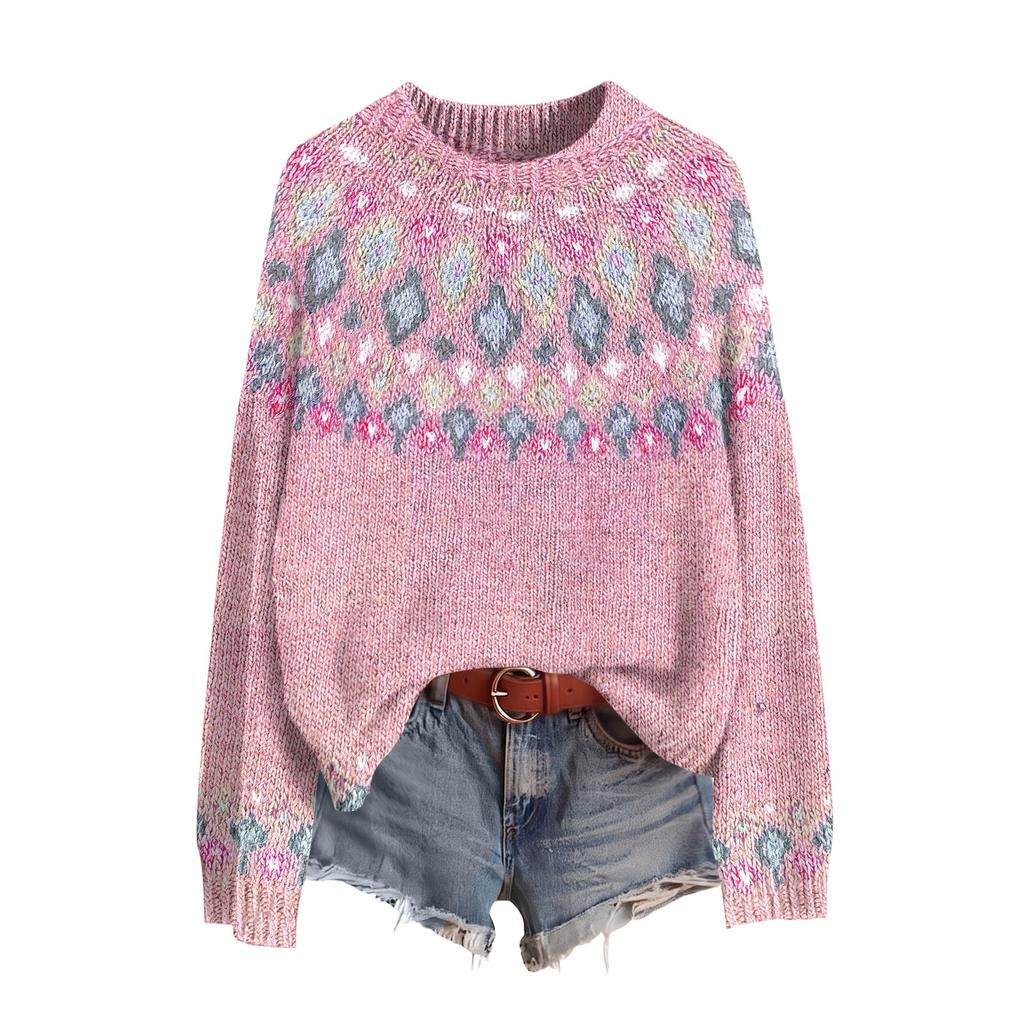 Women's Casual Long Sleeve Round Neck Soft Printed Sweater Pullover for Fall Winter