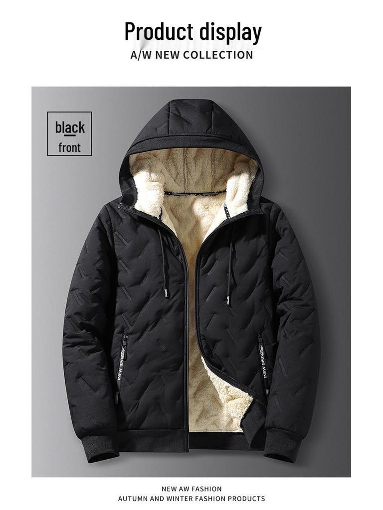 Men's Warm Hooded Ultrasonic Lambswool Coat & Plus Velvet Cotton Pants Set for Winter Cold Protection