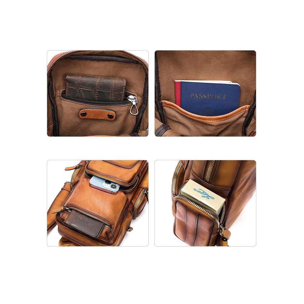 Whatna Antik-Stil Gerbte Natürliche Rindsleder Ein Schultertasche für Herren, 3-Wege, Crossbody, Mini Body Bag, Brusttasche, Echtes Leder, Dick,