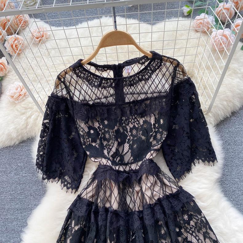 French Sweet Style Y2K Long Dresse Women Vintage Flower Hollow Out Solid Dresses Party Lace High Waist Spring Summer Casual New Clothing