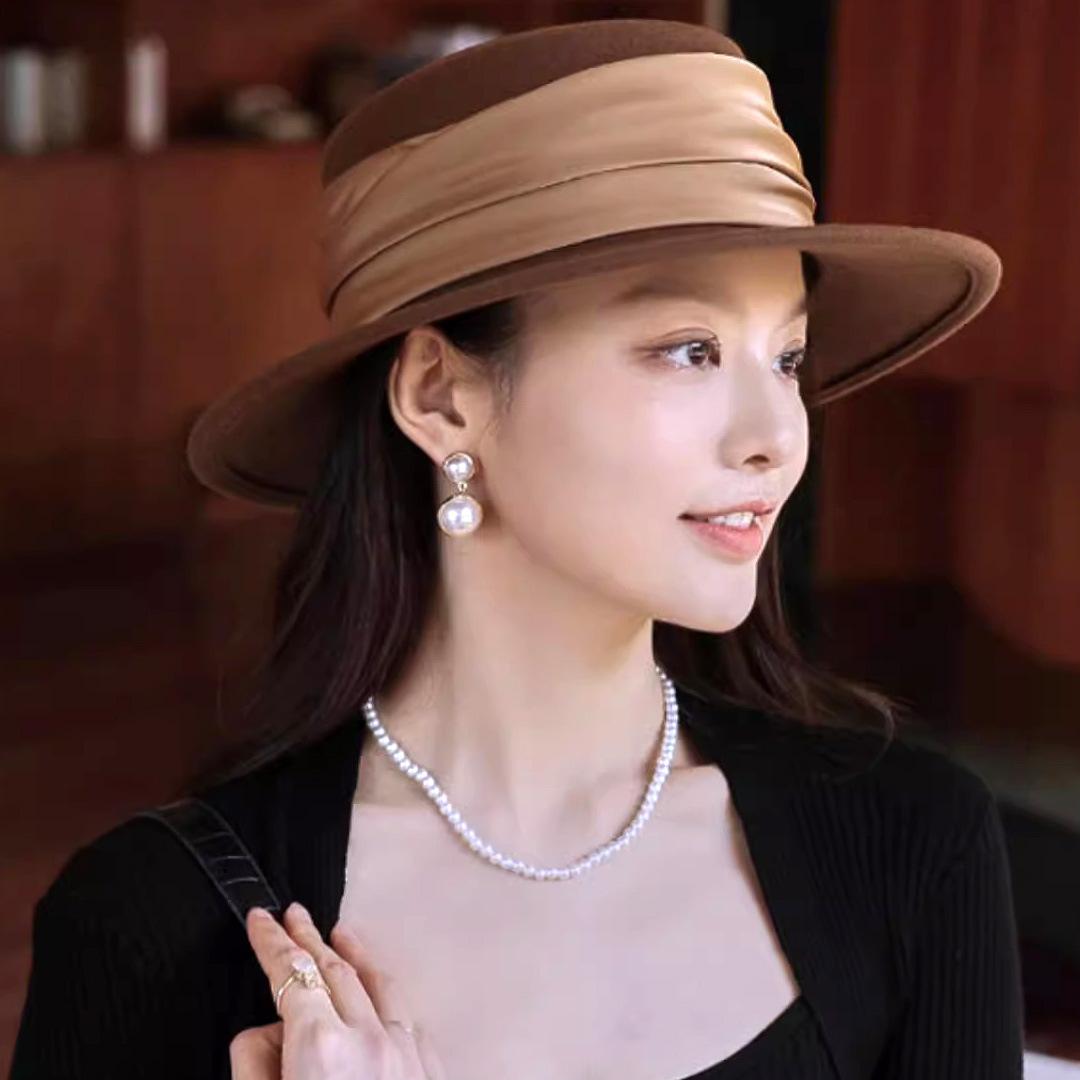 Happy Time For Kids Women's Black/White/Brown French Hepburn Satin Temperament Top Hat Pleated Webbing Felt Hat Winter Wool Warm Jazz Hat Concave Shape 56-58Cm