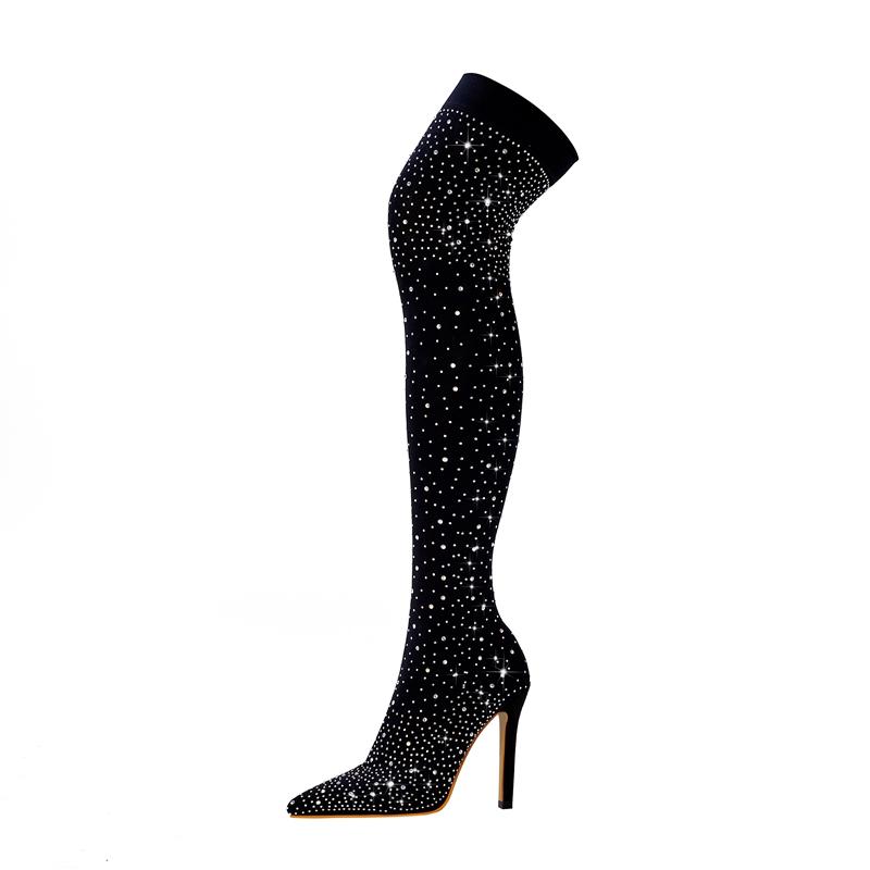 Fashion Women's New Spring and Autumn Pointed Rhinestone High Heel, Large Size Over Knee High Barrel Boots, Elastic Boots