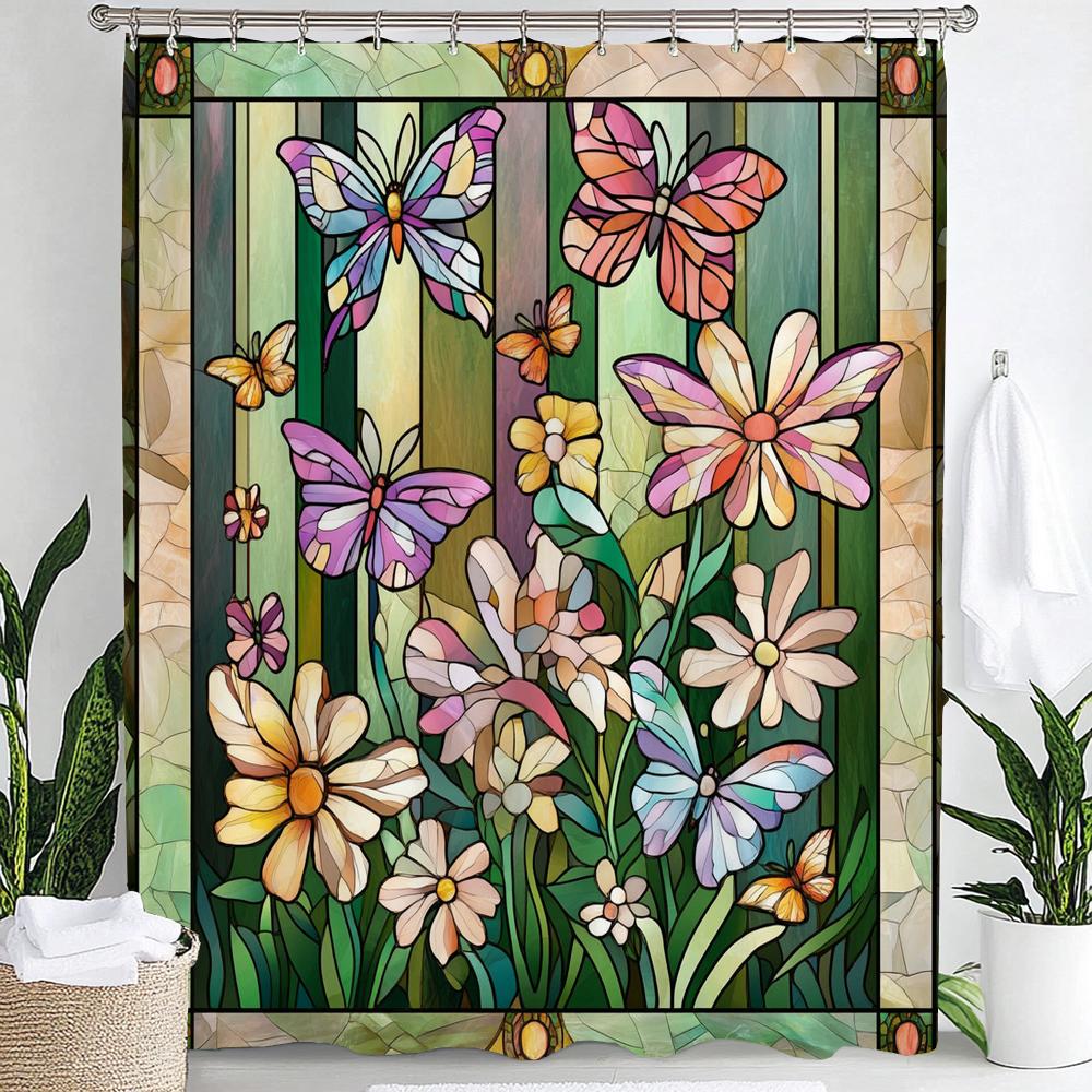 Colorful Butterflies And Flowers Screen Pattern Shower Curtain, Bathroom Decorative Shower Curtain, Home Curtain With Hooks