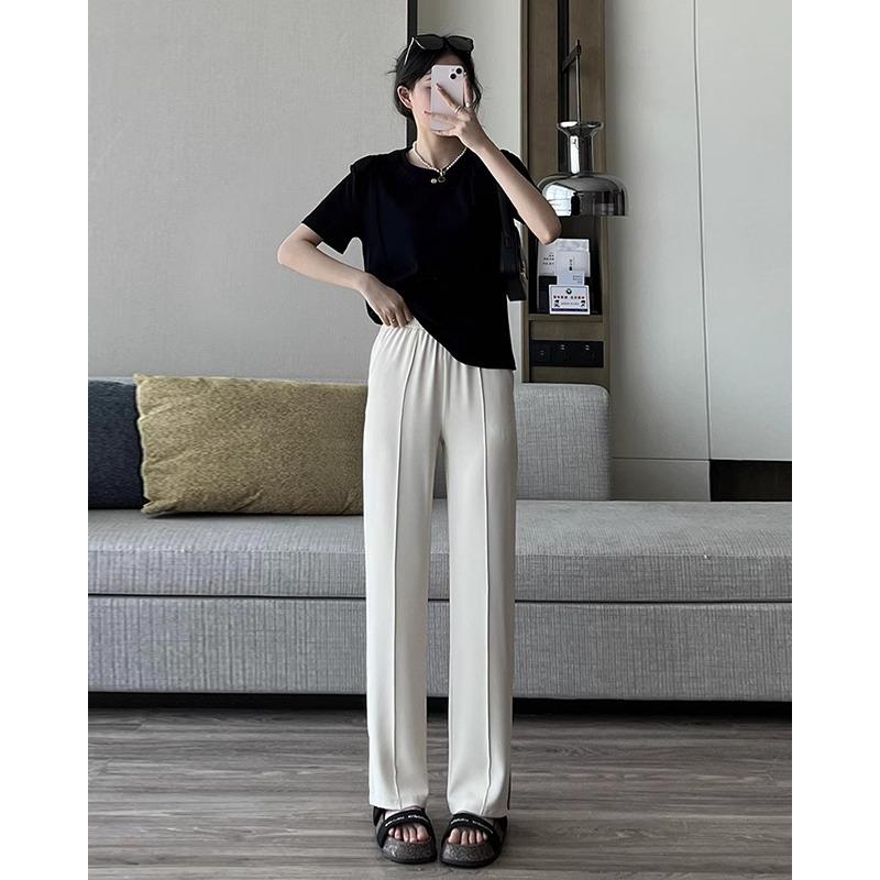 Side split narrow wide-leg pants women's summer high waist drape ice silk sunscreen straight suit pants high waist and thin