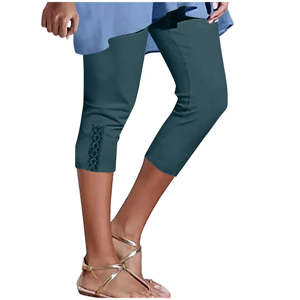 Damen Sommer Spitze Hohe Taille Einfarbige Capri Leggings für den Alltag, Europäisch Amerikanische Mode Dehnbar Basic Hose