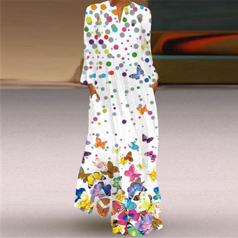2025 Spring and Summer Fashion New Women's Retro Butterfly Print Long Dress Chiffon V Neck Long Sleeves Pocket Dress