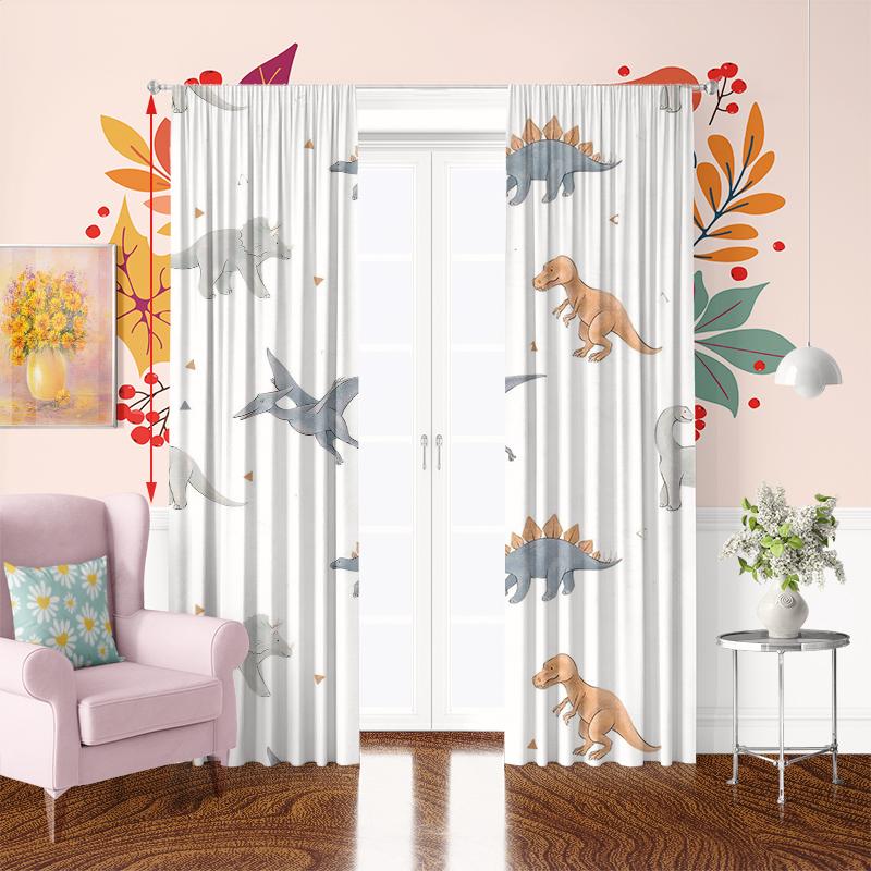 White Children's Cartoon Dinosaur Print Curtains -100% Polyester -2 Sheets for Bedroom Curtains and Living Room Decor.