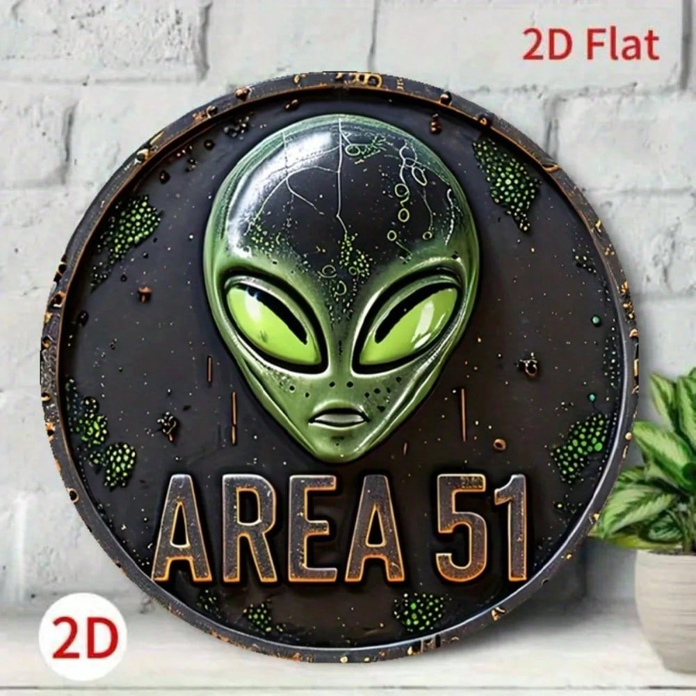 

UFO Alien Art Metal Wall Decor Vintage Area 51 English Sign 2D Flat 7.87x7.87 Inch 20x20