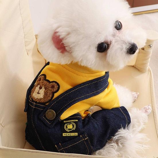 Jijijing Stylish Sweatshirt Dog Jumpsuit, Four Legged Outfit, Cute Bear Embroidery, Denim Romper Pants Onesie Clothes for Small Dogs