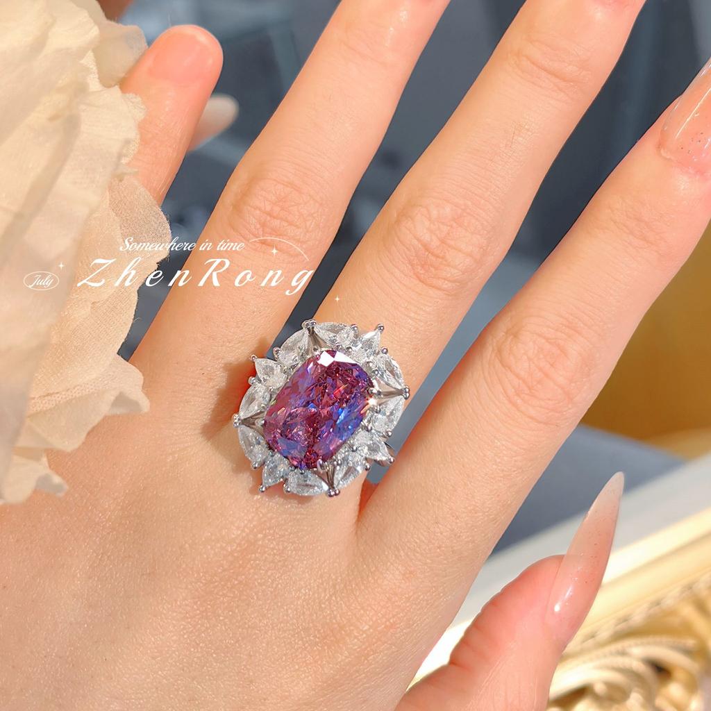 Foydjew Luxury Large Carat Square Princess Cut Pink Cubic Zirconia Pendant Necklace Women Copper Color Ring Wedding Zircon Sets