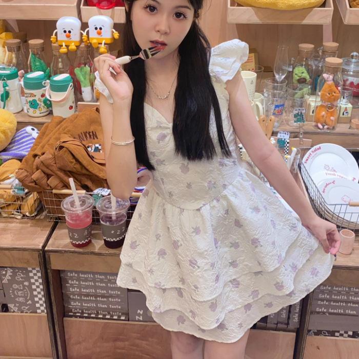French new first love summer sweet floral flying sleeves suspender dress waist tutu dress small princess S
