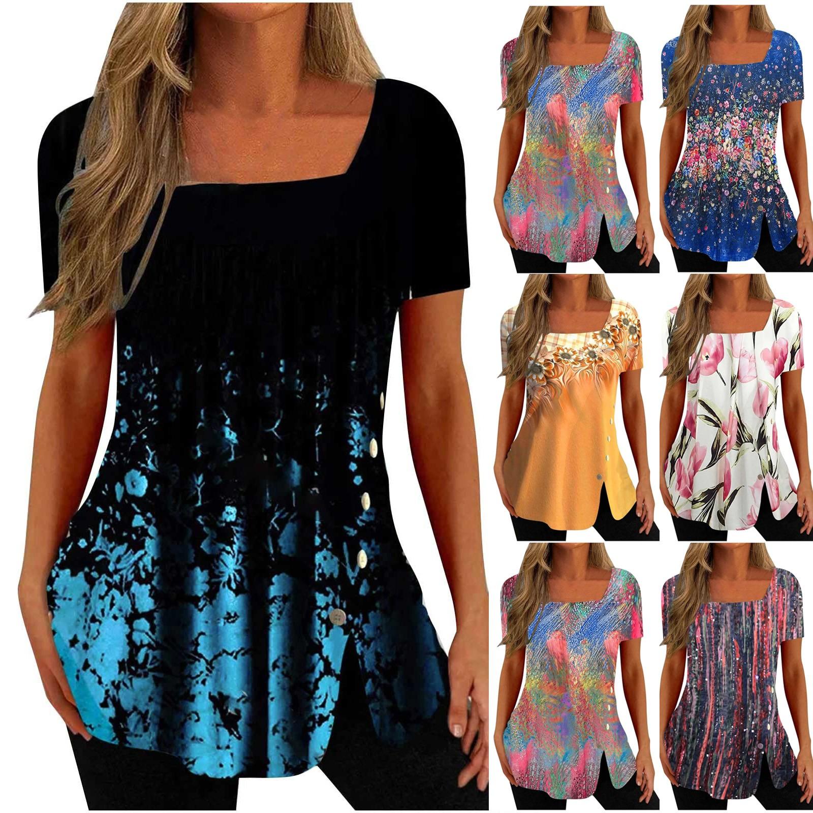 

Женские повседневные свободные рубашки с V-образным вырезом и коротким рукавом с цветочным принтом, кружевные топы, футболки