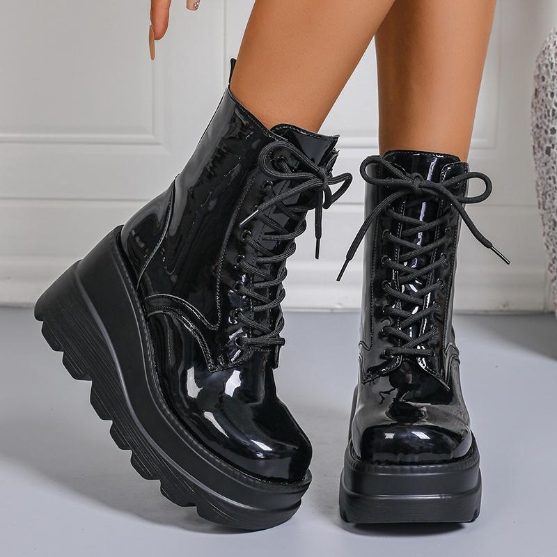 Punk Style Chunky Platform Ankle Boots Women Fashion Patent Leather Wedge Heel Combat Boots Woman Black Thick Sole Gothic Shoes