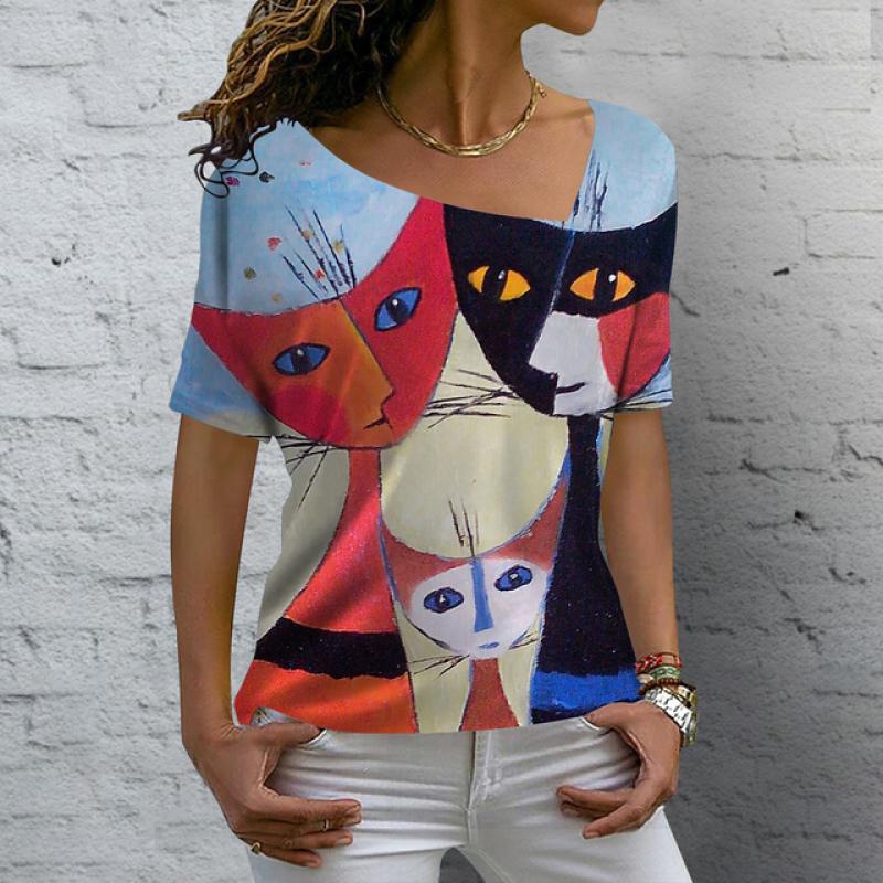 Roztomilá dámská trička Letní 3d Butterfly Cat Potisk Topy Tričko Street Denní oblečení s výstřihem do V Tričko nadměrné velikosti pro ženy Oblečení