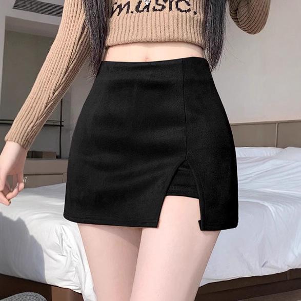 Melaleuca Suede Side Slit Bodycon Skirt - Autumn/Winter Girls' Hip-Hugging Casual Mini Skirt