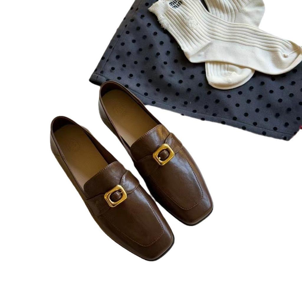 Cowhide version~ Grape mother, the same style can be stepped on with a small gold buckle, British retro square head, and a versatile loafer shoe for w