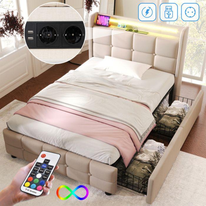 Lit - MUVOE - 90x200 cm - Beige - Tête de lit avec USB - Éclairage LED - 2 tiroirs