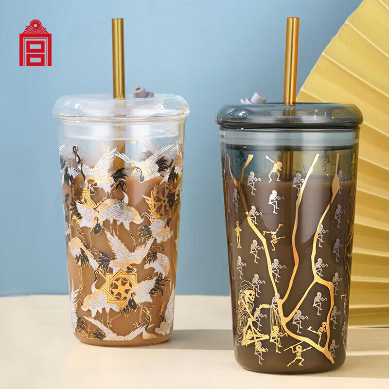 Forbidden City Pine Crane Borosilicate Glass Straw Cup