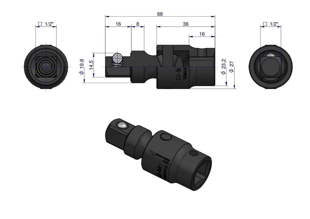 Joint for 1/2" impact sockets. CrMo. Waryński