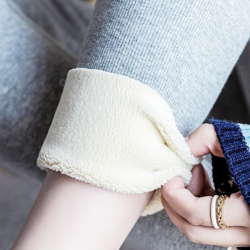 Gray Ribbed Striped Leggings Winter Outdoor Wear Thermal Underwear Women Tight Thick Warm Cotton Pants