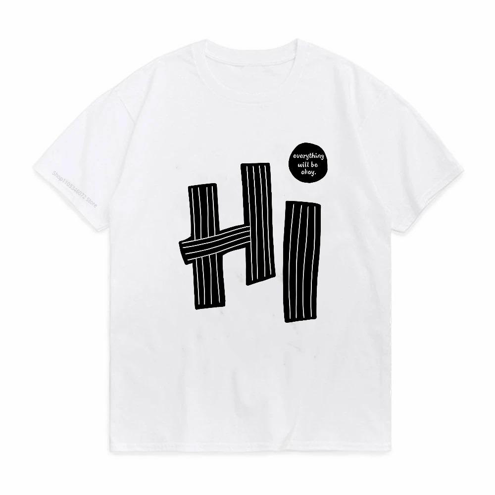 Summer mens pure cotton casual loose fit HI letter pattern printed round neck short sleeved Tshirt top