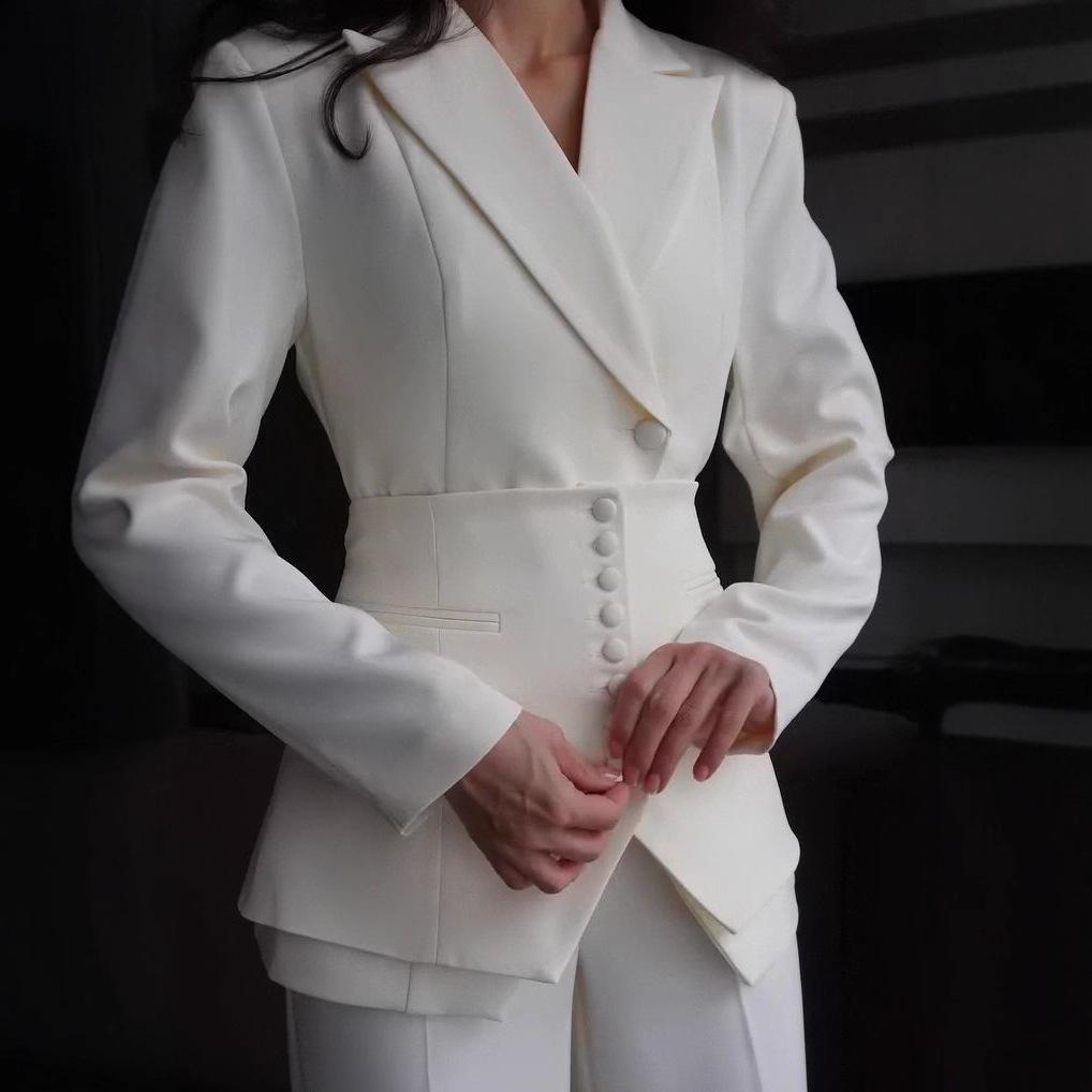 European and American Cross-border Women's Wear, Professional Commuter Suit, Buttoned Jacket, Straight-leg Pants, Fashionable Casual Waist Seal Set