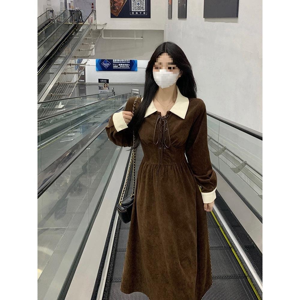 Spring new retro cold wind medium and long waist fungus edge long sleeve dress women's skirt #