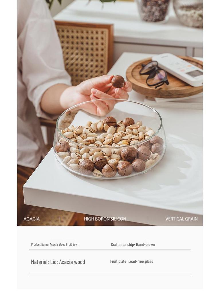 Acacia Wood Double-Layer Candy Bowl with Glass Lid for Living Room Coffee Table