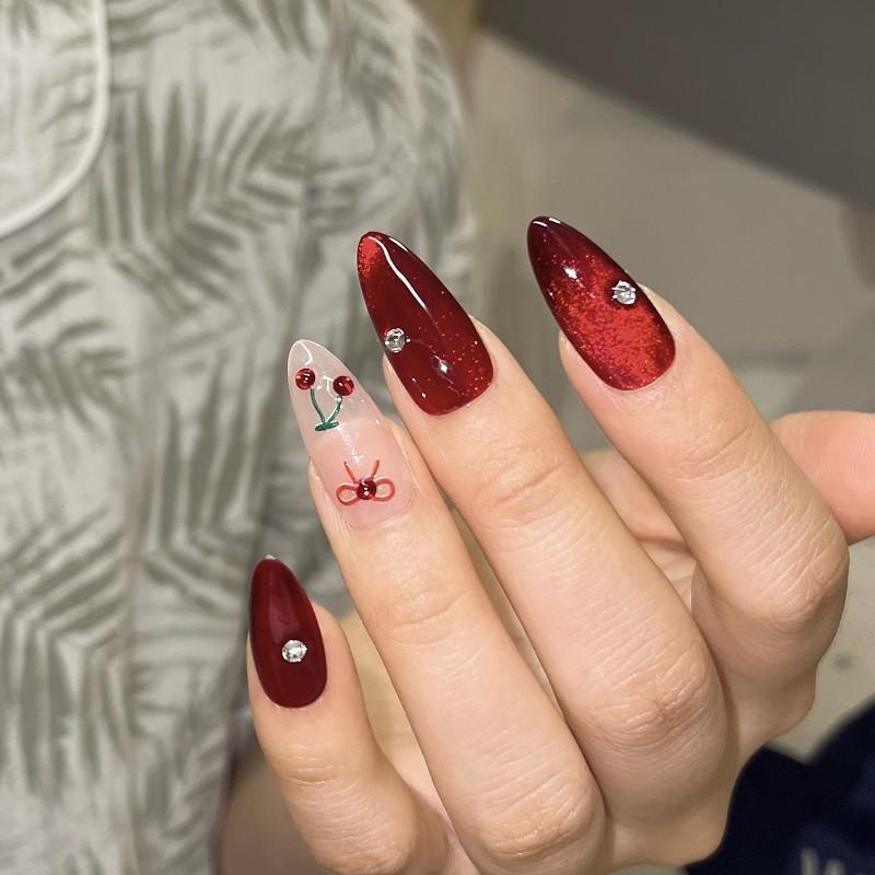 HANDMADE Artificial Nail Almond Red Cat Eye Cute Cherry Phototherapy Nails Fake Nails Reusable and Removable Nails