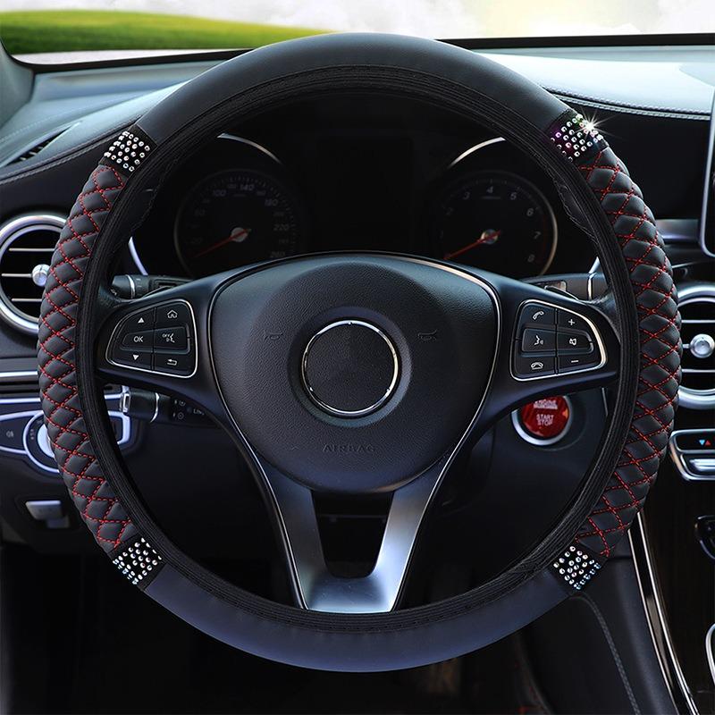 Summer Winter Car Steering Covers 37-38cm Steering Wheels PU Leather Embroidered Inlaid Rhinestones Elastic Steering Wheel Cover