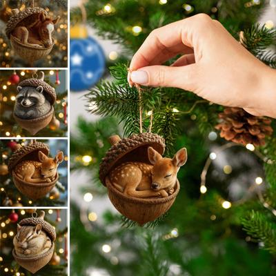 Forest Acorn Animal Ornaments 2D Acrylic Hanging Charm Cute Squirrel Deer Fox Decor for Car Mirror