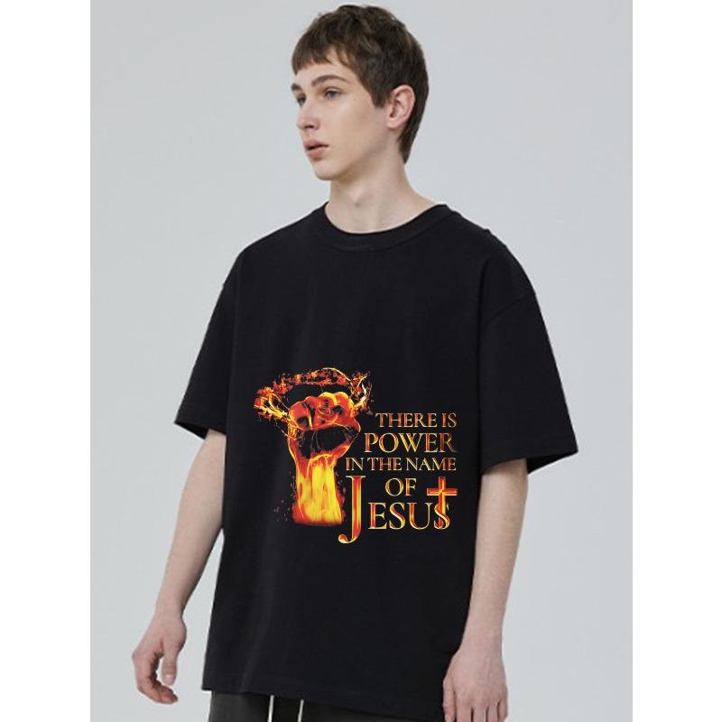 Black T Shirt with Flame Fist and Jesus Cross Print for Religious Faith and Spiritual Inspiration