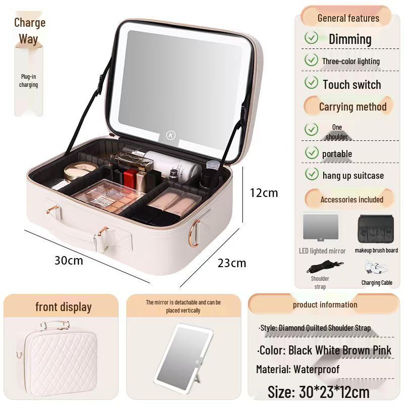 

12-Inch Portable Cosmetic Storage Bag with Light, Large Capacity Makeup Case