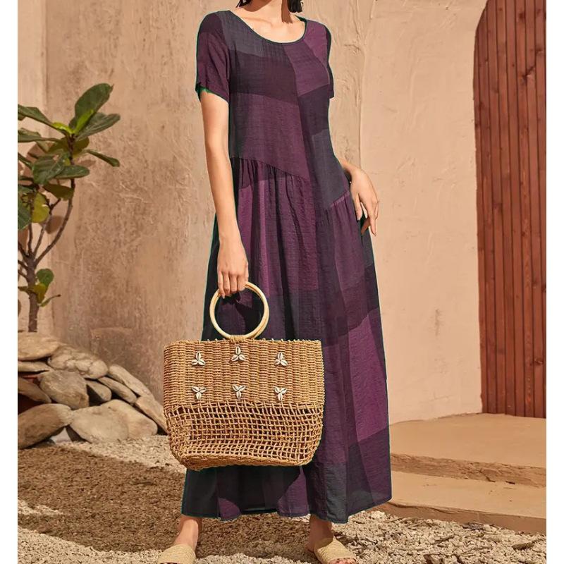 Women's Maxi Dress Summer Short Sleeve Round Neck Patchwork Contrast Loose Hem Pleated A Line Ankle Length Plus Size Dress
