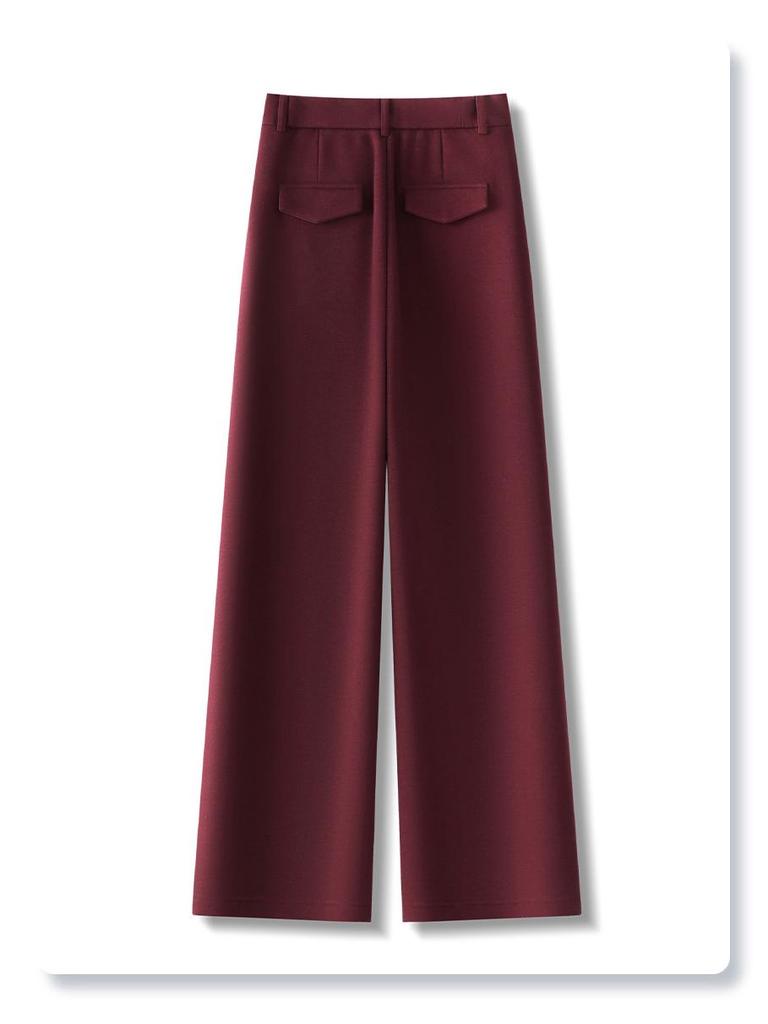 Ancola Women's Red Wool Pants: 2024 Autumn/Winter Plus Velvet Straight-Leg Wide-Leg Style