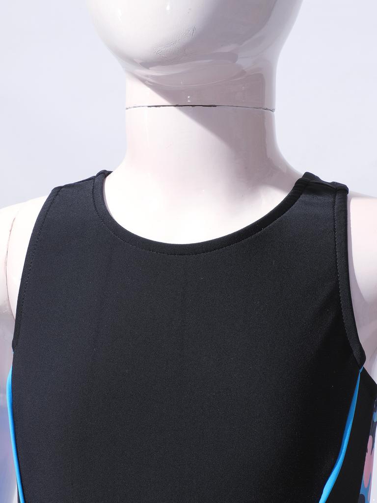 Girls Swim Bodysuit One Piece Swimwear Round Neck Sleeveless Open Back Print Short Jumpsuit Pool Beach Wear