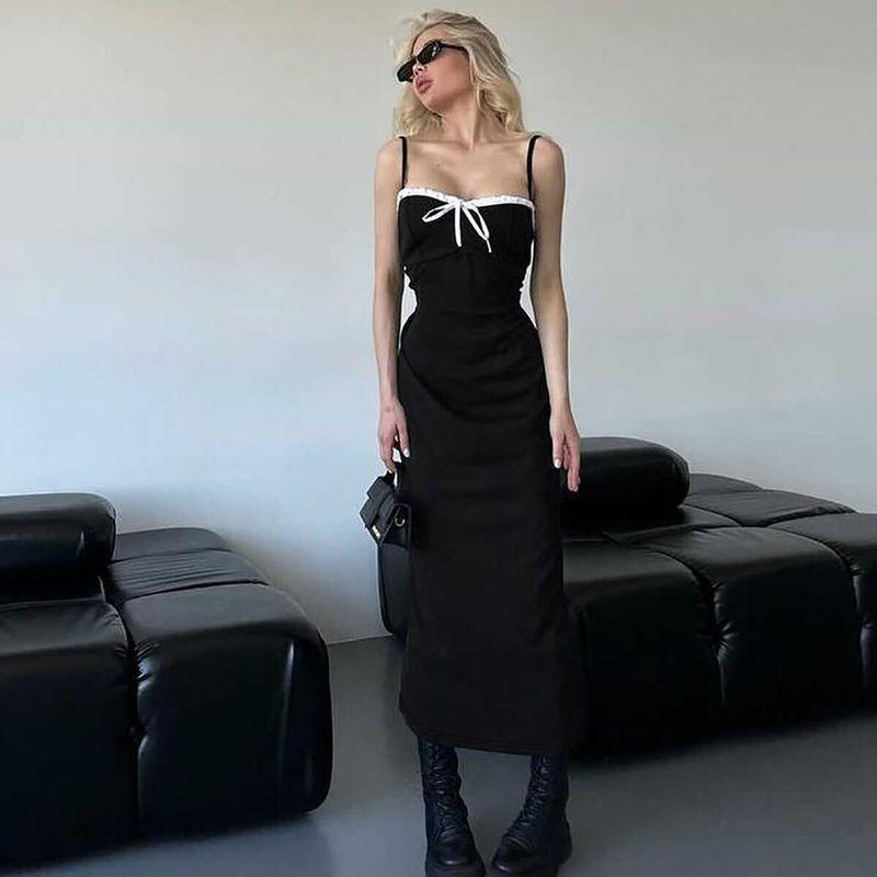 

Black and White Color Matching Summer Silm Hip Spaghetti Straps Dress Black S