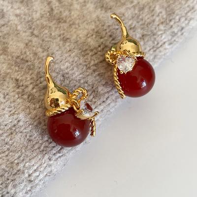 Real Gold Electroplated Zircon Acrylic Gourd Stud Earrings New Chinese Style Temperament Earrings Light Luxury Earrings Women