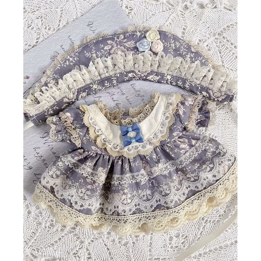 niannyyhouse 20cm Plush Clothes, Vintage Floral Lace Dress, Headwear, Dress-Up, Cotton Doll, Accessories (Gray-Blue)