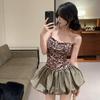 American Retro Spice Girl Leopard Print Splicing Suspender Dress Women's Summer New Slim-fitting High-waisted Tutu Skirt Short Skirt
