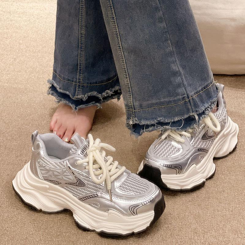 Fried Street Platform Dad Shoes Women's Height Increase Versatile Casual Shoes New Spring and Autumn Breathable Silver Sneakers