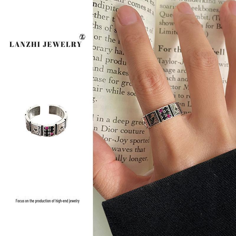 

Lan Zhi Кольцо из стерлингового серебра 925 пробы с цирконом в виде покерной карты - Устойчивое к потускнению Adjustable Open