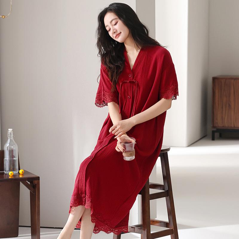 Red Cotton Couple Pajamas Wedding Set 1011 New Short-sleeved Woven Gauze Cotton Loungewear