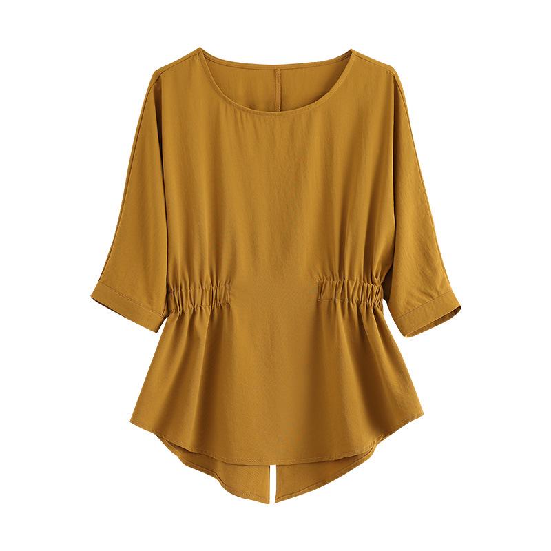 Chic Women's 2025 Slim Fit Pleated T-Shirt: Round Neck, Flattering Waist, Summer Style