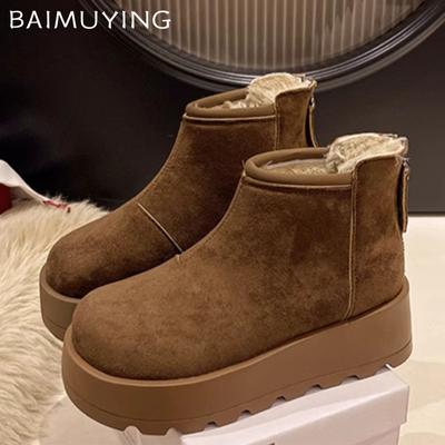 Suede Platform Women Snow Ankle Boots Designer Short Plush Mid Heels Cotton Shoes 2025 Trend Winter Warm Casual Botas De Mujer