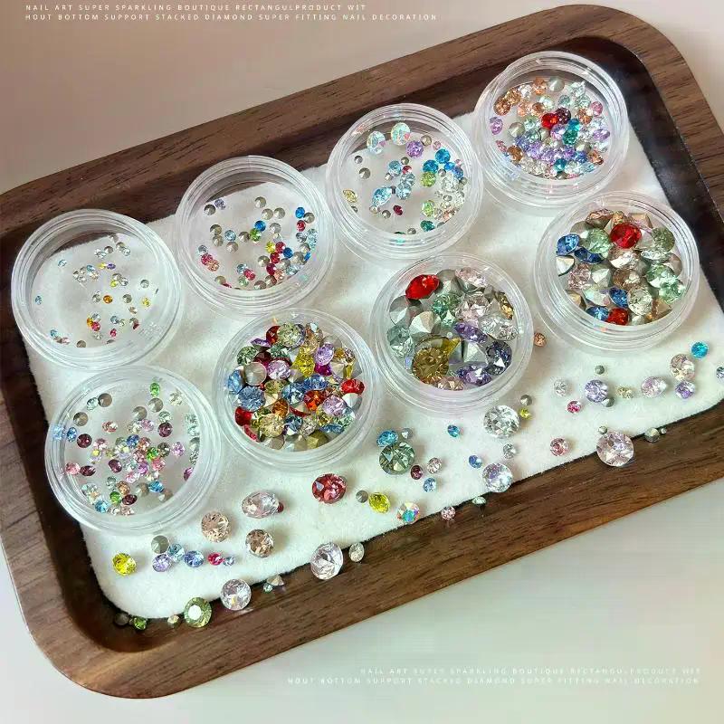 1 Box Mixed-Size Mini Pointed-bottom Round Nail Rhinestone Shiny Luxury Nail Crystal DIY Nail Art Decoration Gems Accessories