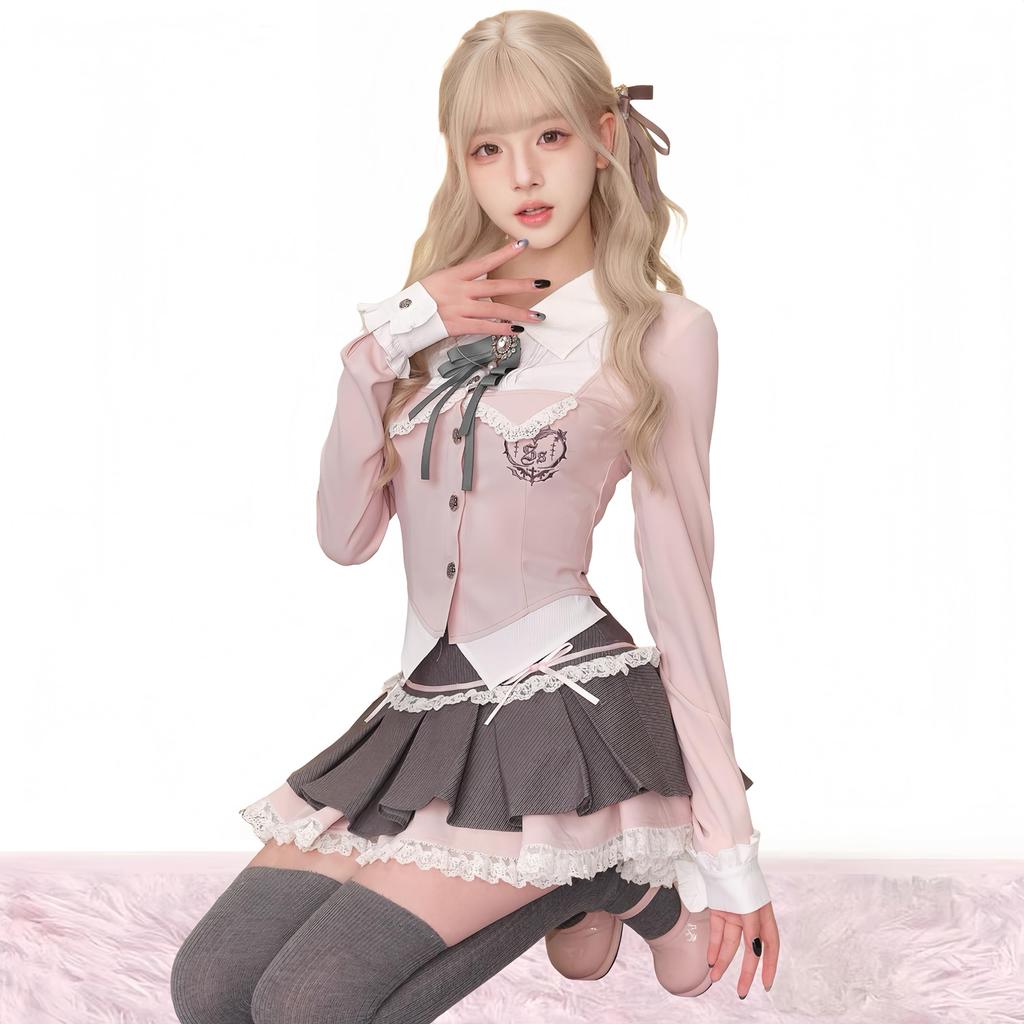 Ligwon Gothic Lolita JK Uniform Set with Mini Pink and Harajuku Korean Christmas Women's Skirt, Gray, Style, Style, Spring, Summer, Autumn, Halloween,